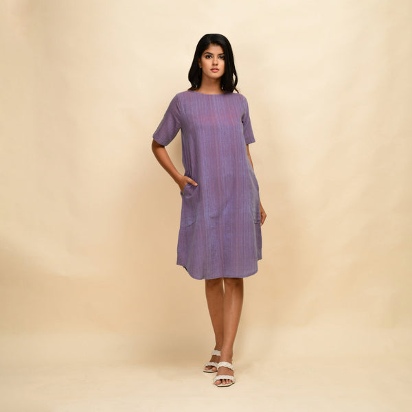 Front View of a Model wearing Lilac 100% Cotton Knee Length Dress
