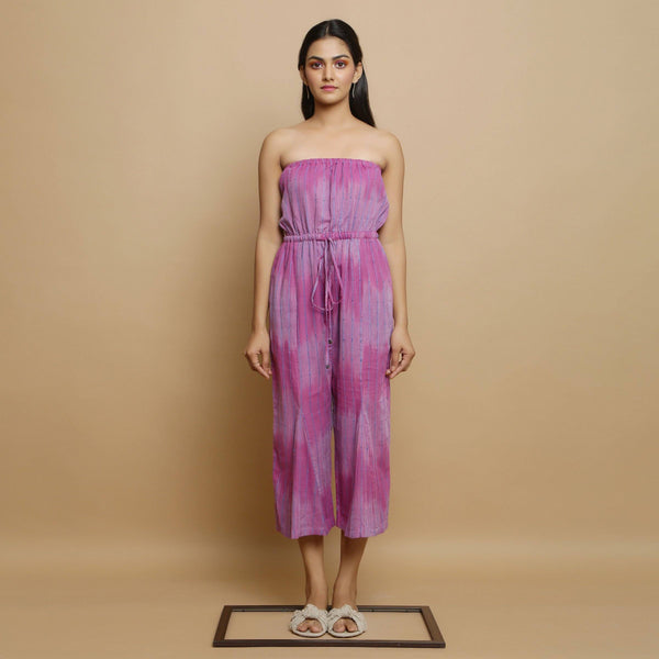 Front View of a Model wearing Lilac Handwoven Godet Culottes Jumpsuit