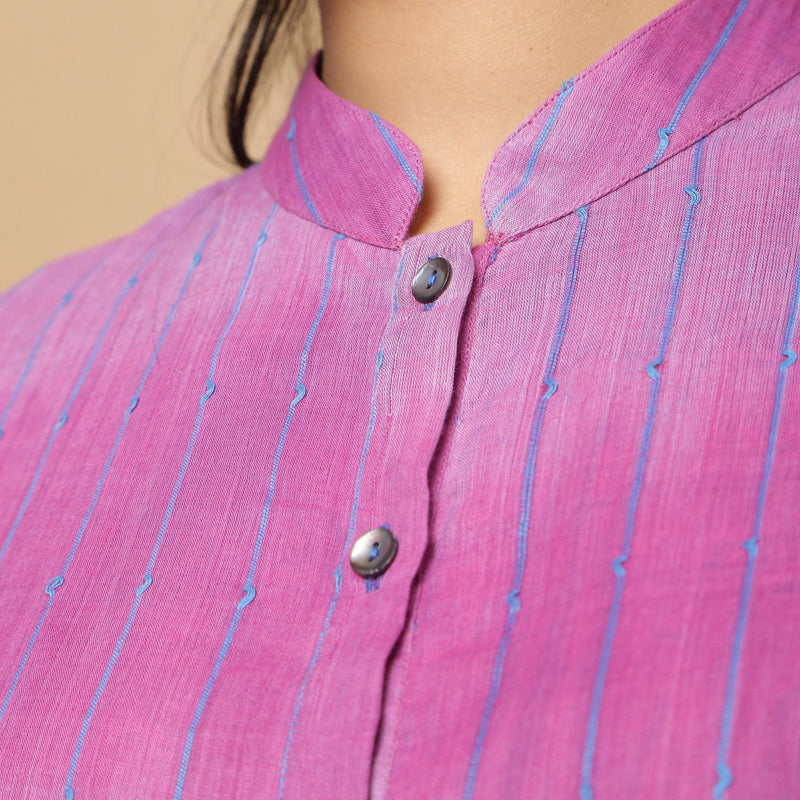 Front Detail of a Model wearing Lilac Handwoven Striped Button-Down Top