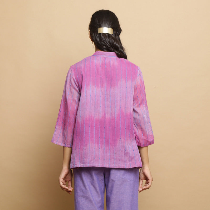 Back View of a Model wearing Lilac Handwoven Striped Button-Down Top