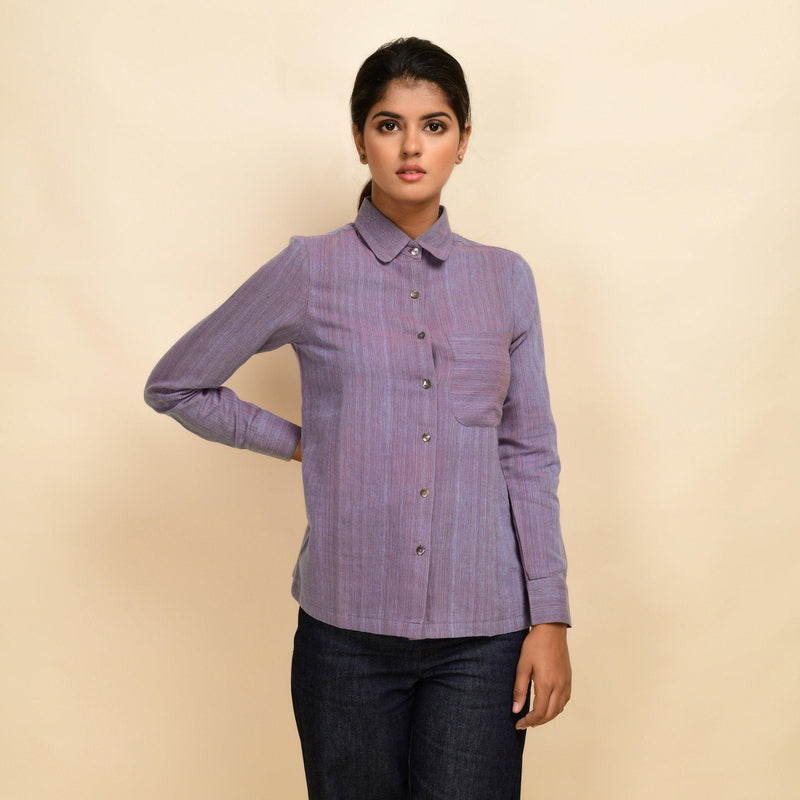 Front View of a Model wearing Lilac Peter Pan Collar Button-Down Shirt