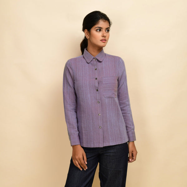 Front View of a Model wearing Lilac Peter Pan Collar Button-Down Shirt