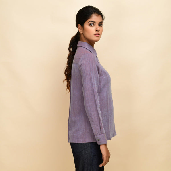 Right View of a Model wearing Lilac Peter Pan Collar Button-Down Shirt