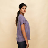 Right View of a Model wearing Lilac Yarn-Dyed 100% Cotton Gathered Top