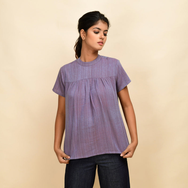 Front View of a Model wearing Lilac Yarn-Dyed 100% Cotton Gathered Top
