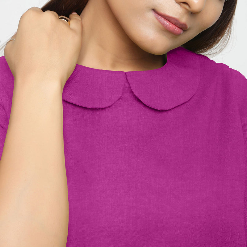 Front Detail of a Model wearing Magenta 100% Linen Keyhole Neck Peter Pan Collar Top