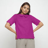 Front View of a Model wearing Magenta 100% Linen Keyhole Neck Peter Pan Collar Top