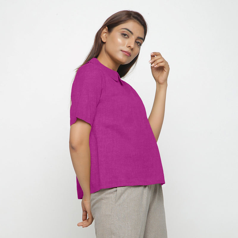 Right View of a Model wearing Magenta 100% Linen Keyhole Neck Peter Pan Collar Top