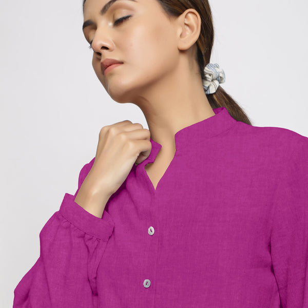 Front Detail of a Model wearing Magenta 100% Linen Mandarin Collar Shirt