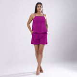 Front Detail of a Model wearing Magenta 100% Linen Flared Relaxed Camisole Top