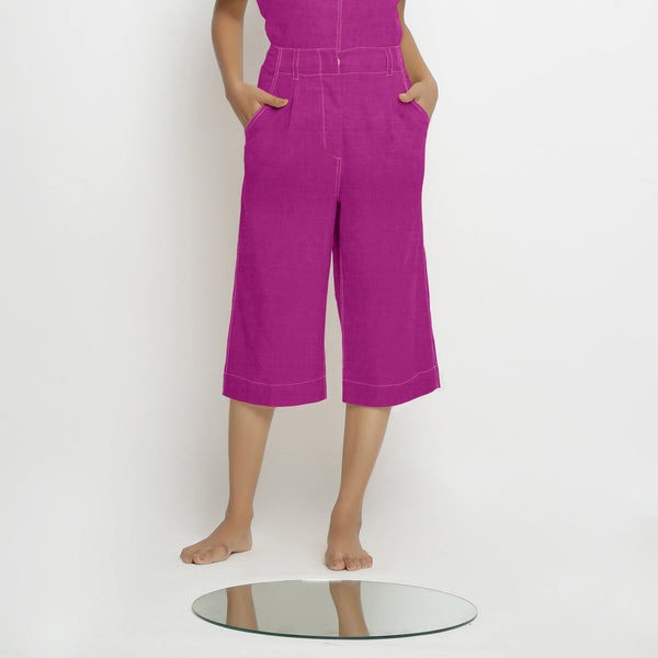 Front View of a Model wearing Magenta 100% Linen Loose Fit Mid-Rise Culottes