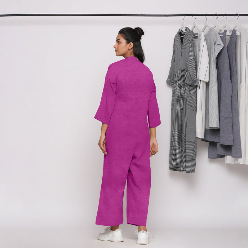 Back View of a Model wearing Magenta 100% Linen High Neck Jumpsuit