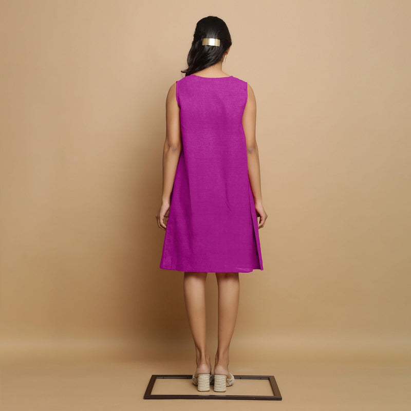 Magenta Cotton Linen Hand Embroidered Knee-Length Godet Dress