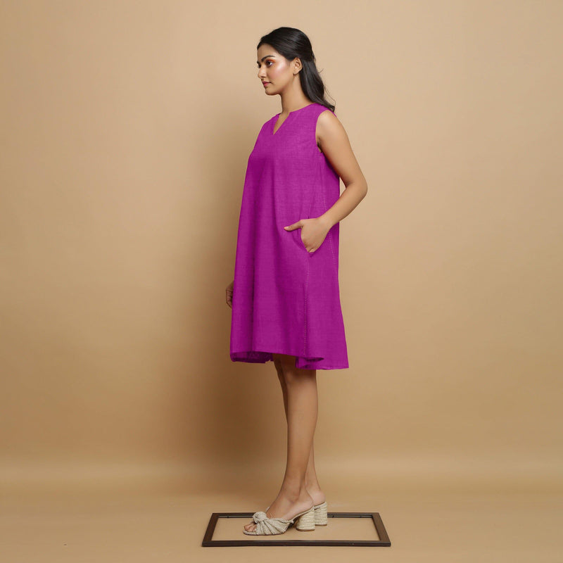 Magenta Cotton Linen Hand Embroidered Knee-Length Godet Dress