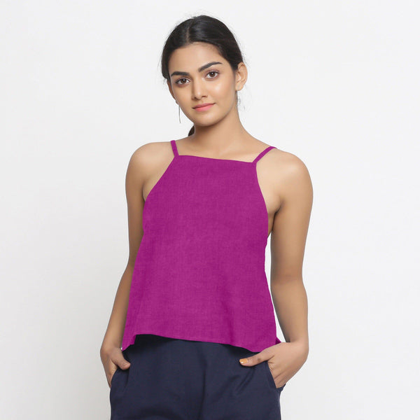 Magenta Cotton Linen Relaxed Fit Spaghetti Top