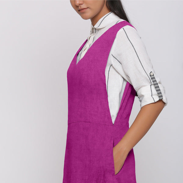Magenta Cotton Linen V-Neck Midi Pinafore Dress