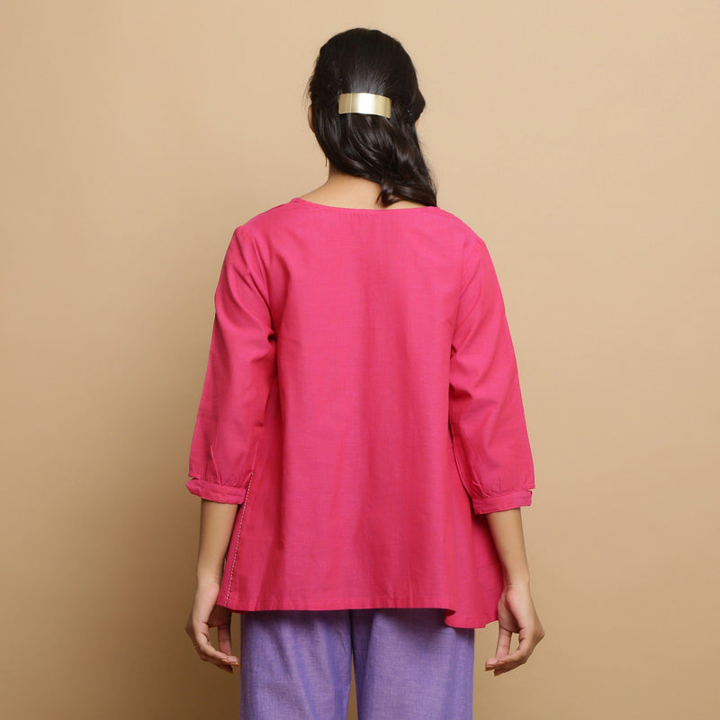 Back View of a Model wearing Magenta Mangalgiri Cotton Flared Top