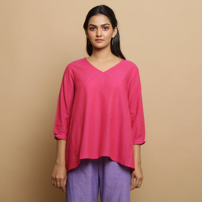 Front View of a Model wearing Magenta Mangalgiri Cotton Flared Top