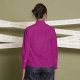 Back View of a Model wearing Magenta Linen Cuff Sleeves Button-Down Shirt