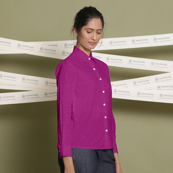 Right View of a Model wearing Magenta Linen Cuff Sleeves Button-Down Shirt