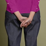 Back Detail of a Model wearing Magenta Linen Cuff Sleeves Button-Down Shirt