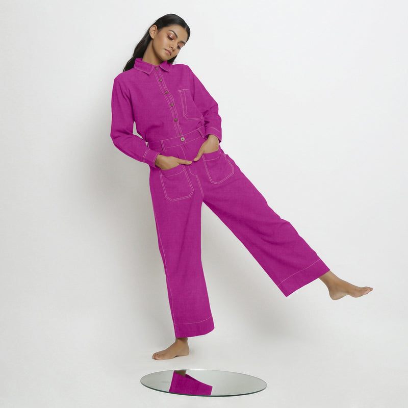Front View of a Model wearing Magenta Linen Patch Pocket Wide Legged Pant