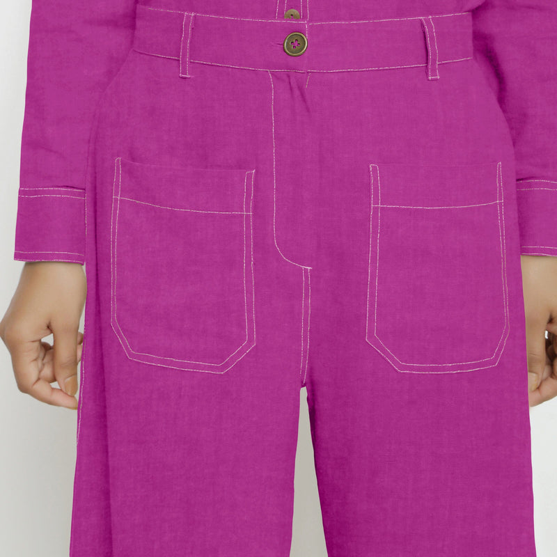 Front Detail of a Model wearing Magenta Linen Patch Pocket Wide Legged Pant