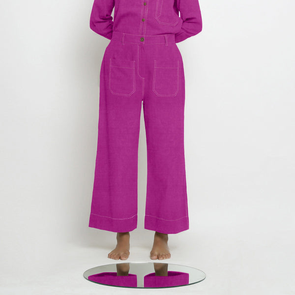 Front View of a Model wearing Magenta Linen Patch Pocket Wide Legged Pant