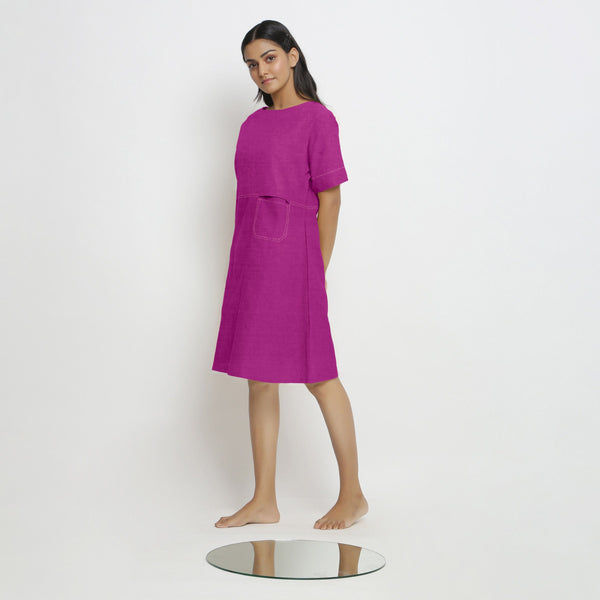 Right View of a Model wearing Magenta Linen Knee Length Shift Yoked Dress