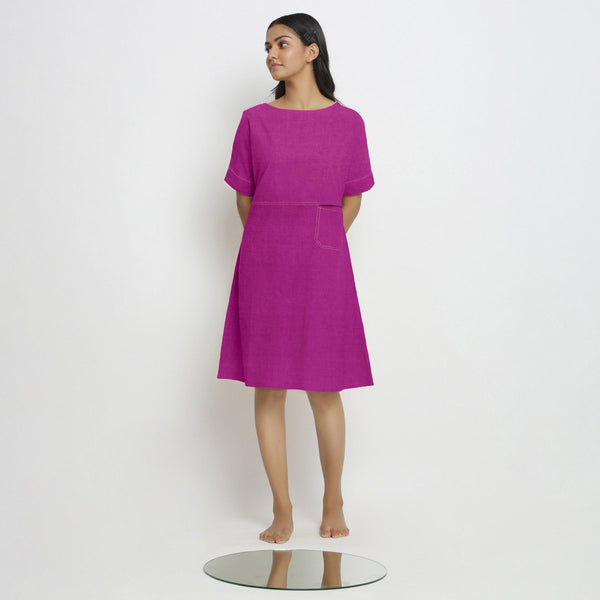 Front View of a Model wearing Magenta Linen Knee Length Shift Yoked Dress