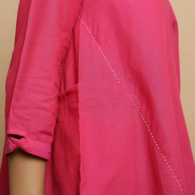 Right Detail of a Model wearing Magenta Mangalgiri Cotton Flared Top
