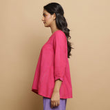 Left View of a Model wearing Magenta Mangalgiri Cotton Flared Top