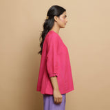 Right View of a Model wearing Magenta Mangalgiri Cotton Flared Top