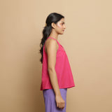Right View of a Model wearing Magenta Hand-Embroidered Flared Top