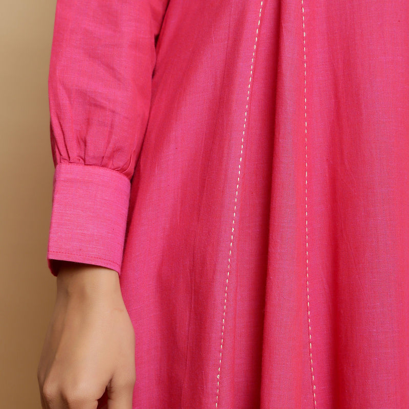 Close View of a Model wearing Magenta Hand-Embroidered Paneled Dress