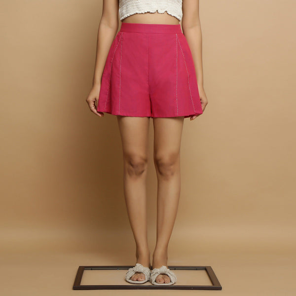 Front View of a Model wearing Magenta Mangalgiri Cotton Mid Rise Shorts