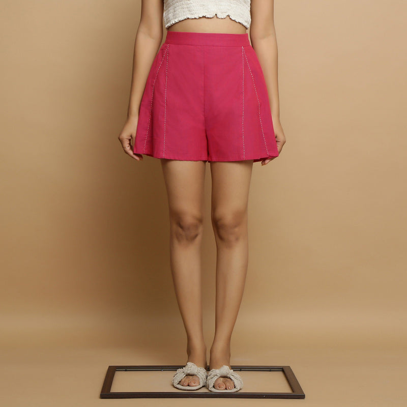 Front View of a Model wearing Magenta Mangalgiri Cotton Mid Rise Shorts