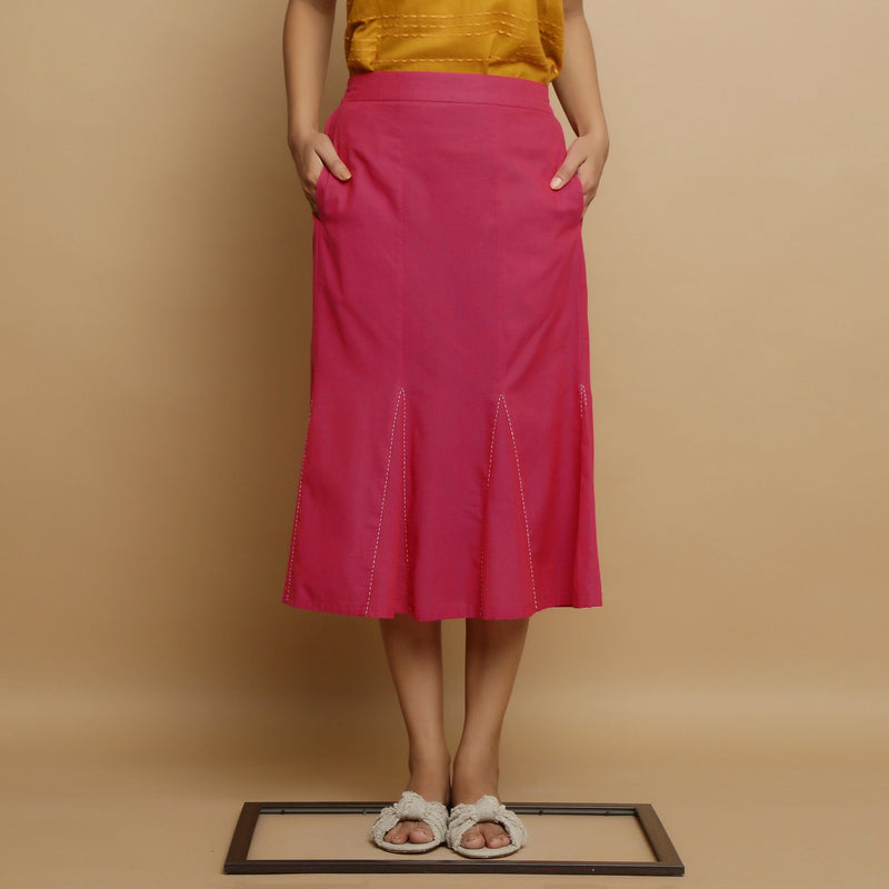 Front View of a Model wearing Magenta Mid Rise Mangalgiri Cotton Skirt