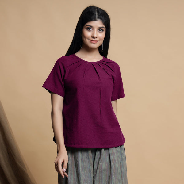 Front View of a Model wearing Magenta Pleated Neck A-Line Top
