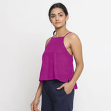 Left View of a Model wearing Magenta Strappy 100% Linen Spaghetti Top