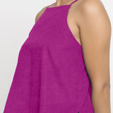 Left Detail of a Model wearing Magenta Strappy 100% Linen Spaghetti Top