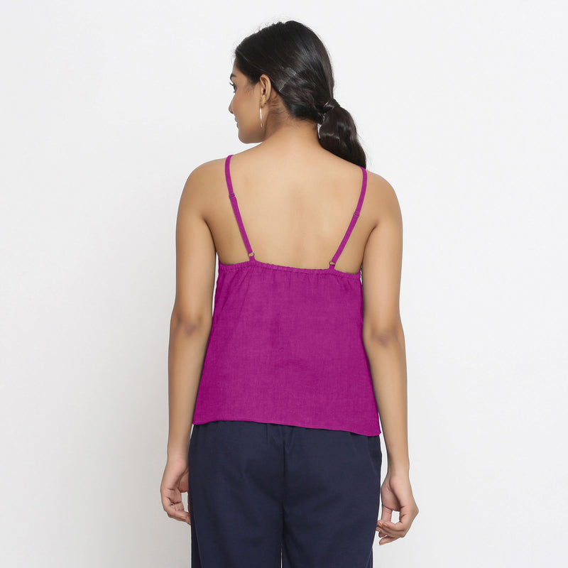 Back View of a Model wearing Magenta Strappy 100% Linen Spaghetti Top