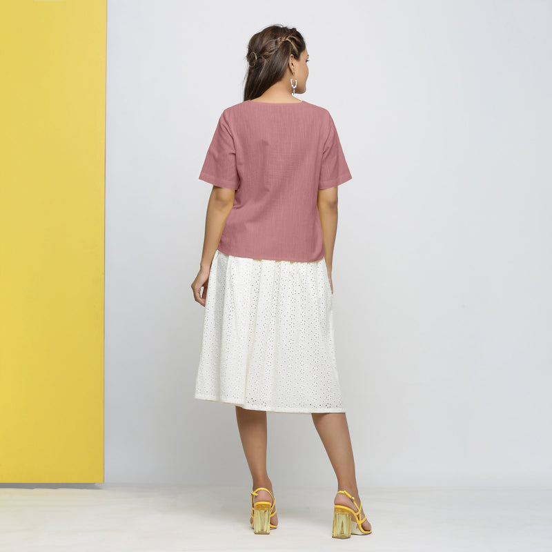 Back View of a Model wearing Magenta Yarn Dyed Cotton V-Neck High-Low Top