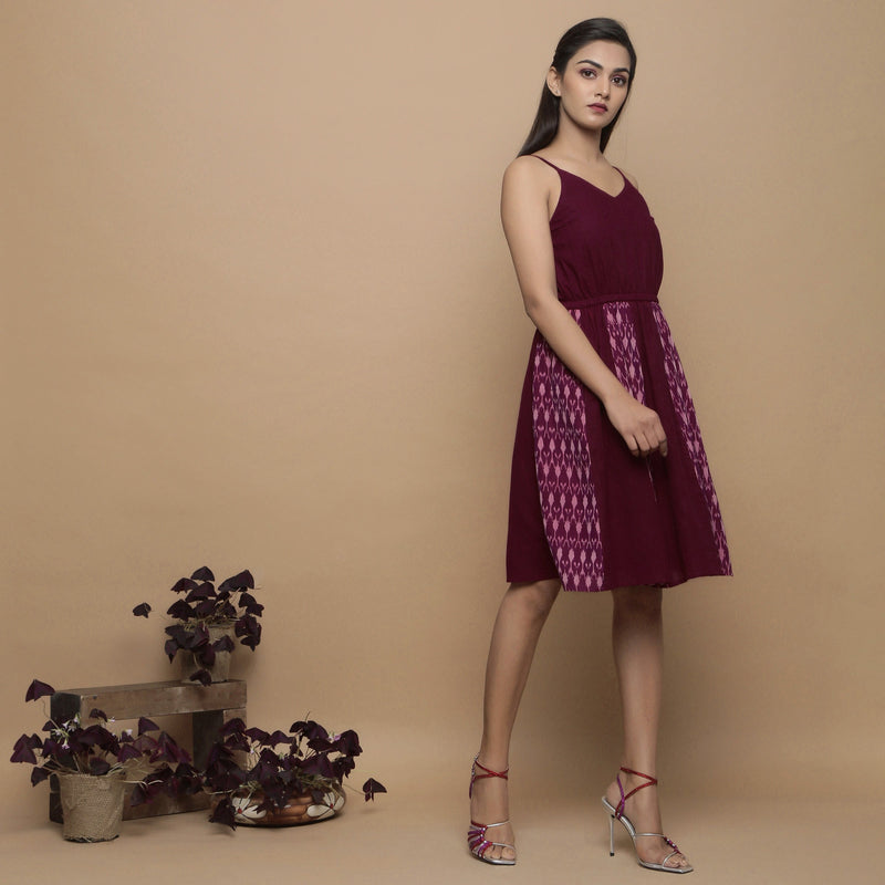 Right View of a Model wearing Maroon Ikat Handwoven Cotton Paneled Knee Length Dress