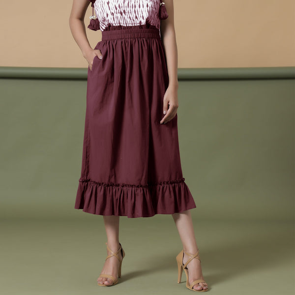 Front View of a Model wearing Maroon A-Line Ruffled Cotton Skirt