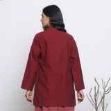Back View of a Model wearing Maroon Handspun Cotton Double Placket Button-Down Jacket