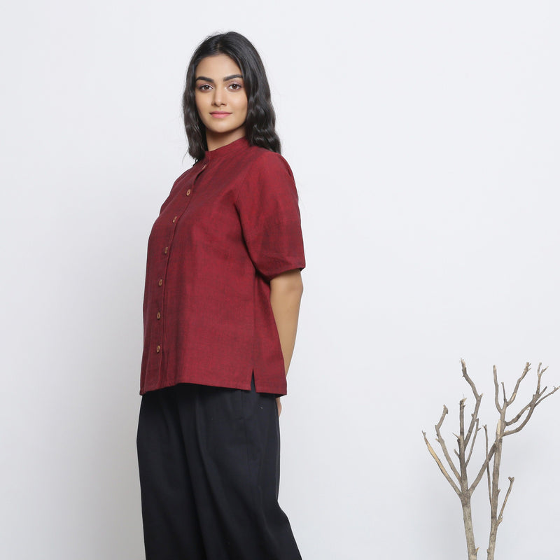 Left View of a Model wearing Maroon Handspun Cotton Button-Down Top