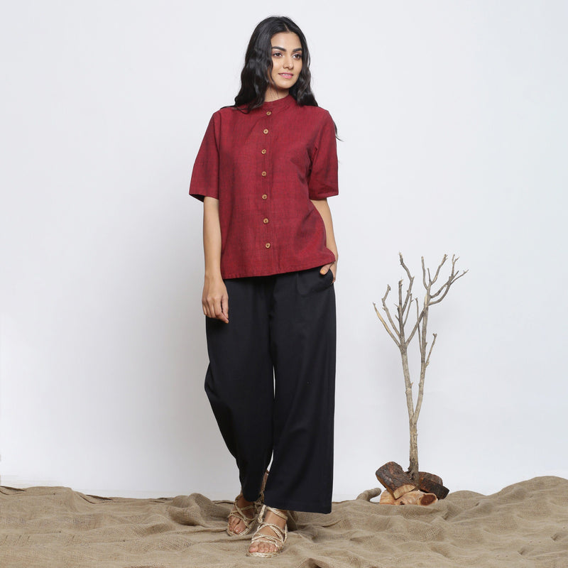 Front View of a Model wearing Maroon Handspun Cotton Button-Down Top