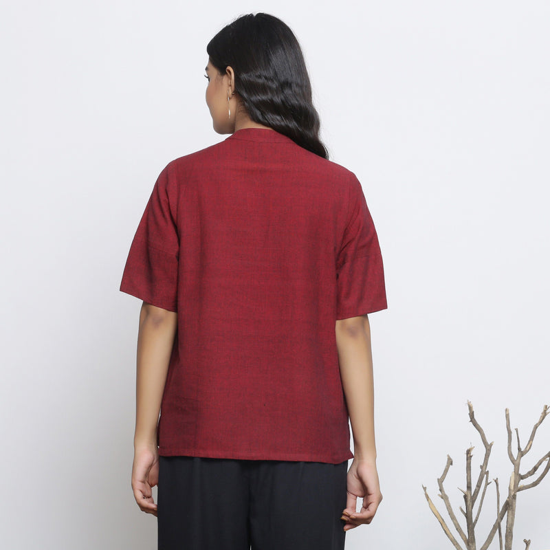 Back View of a Model wearing Maroon Handspun Cotton Button-Down Top