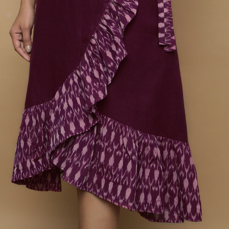 Close View of a Model wearing Maroon Handspun Cotton Asymmetrical Midi Wrap Dress